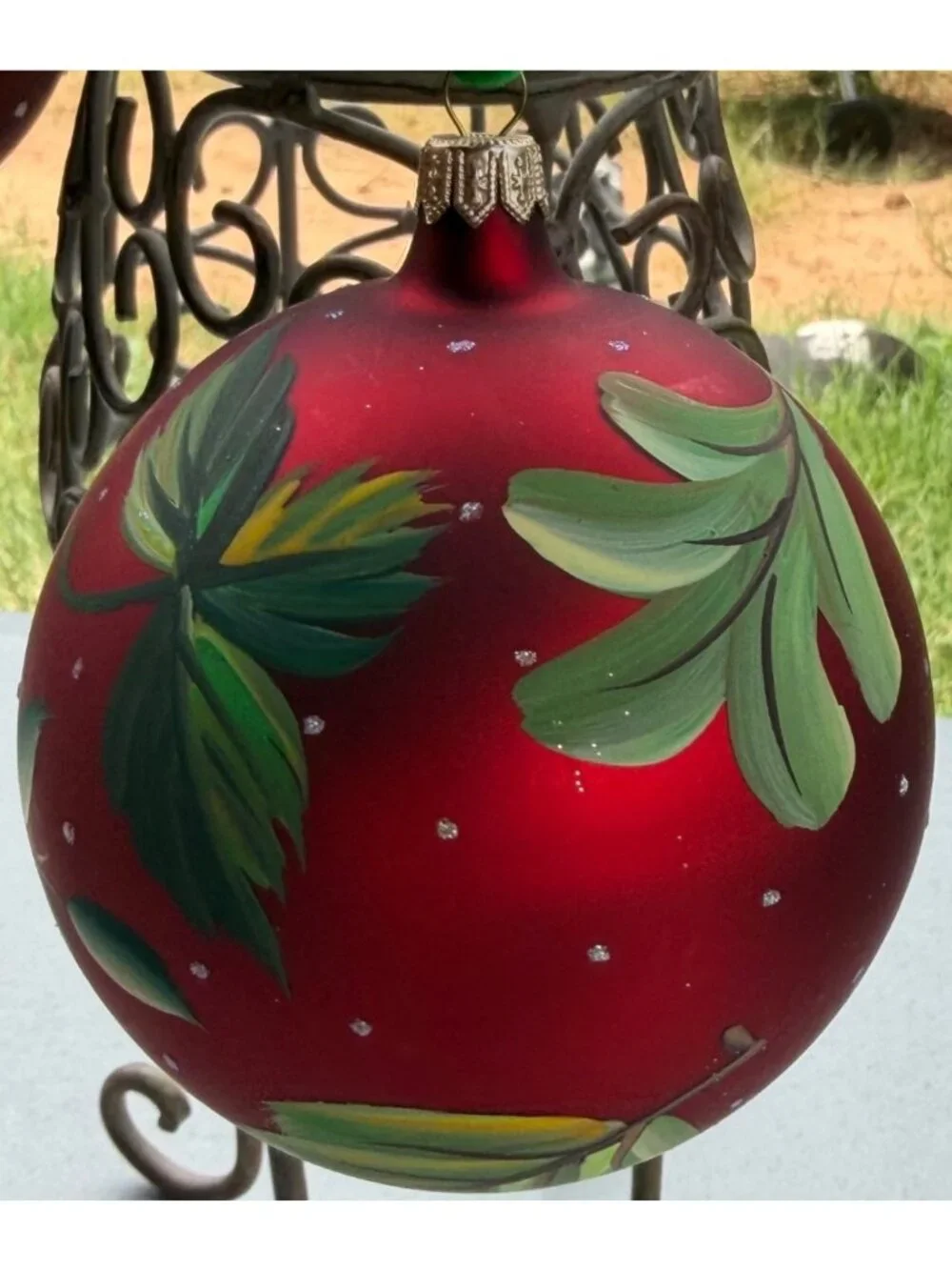 Set 2 Dillard's Glass Hand-Painted Ball Ornaments Holly Leaves & Berries 4